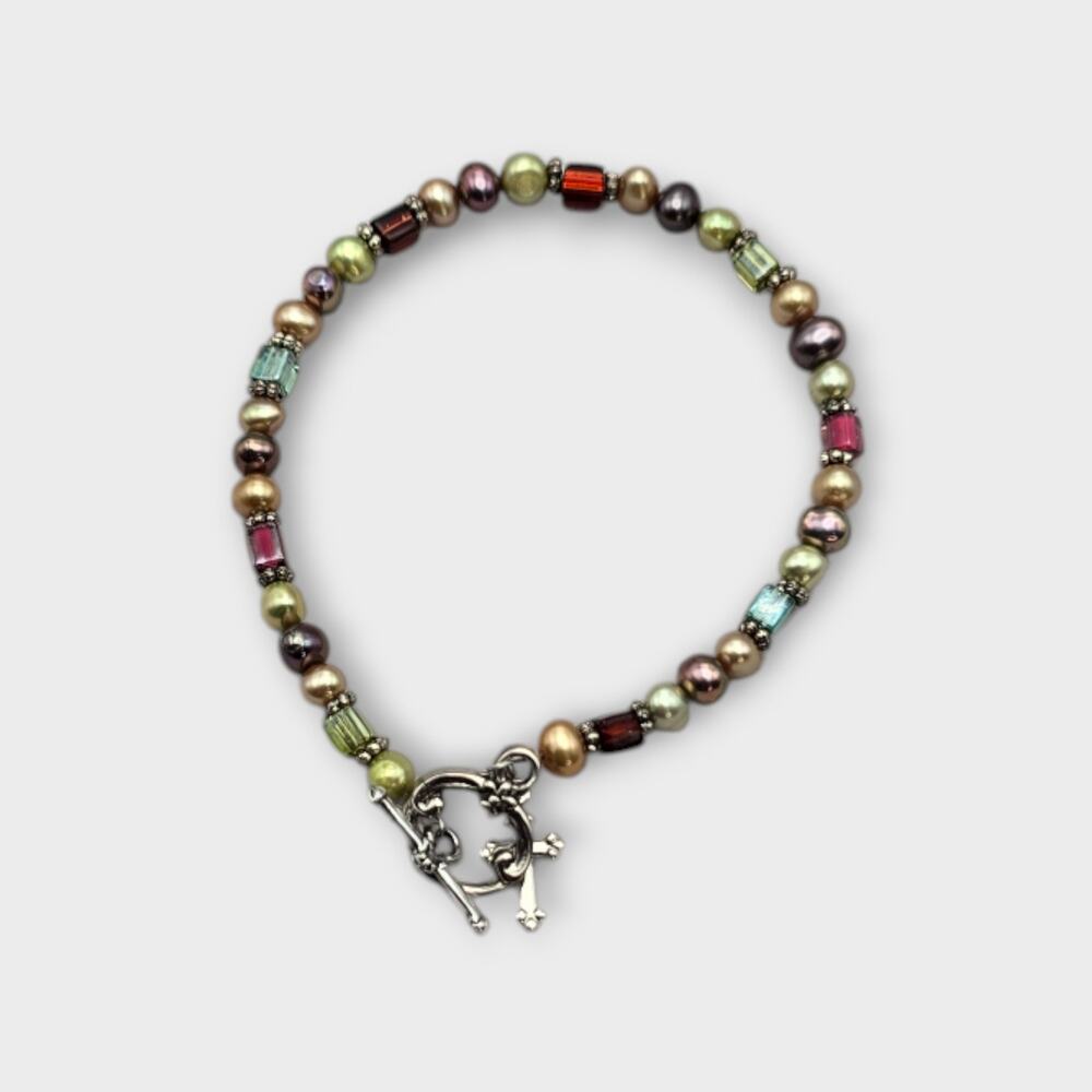 Freshwater Pearl & Glass Bead Bracelet with Ornate Cross Toggle